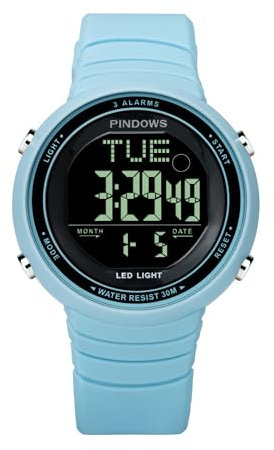 PINDOWS Armbanduhr Herren Uhren Analog Digitaluhr 5 ATM wasserdichte Outdoor Taktische Sportuhr mit Wecker Datum LED,Light Blue
