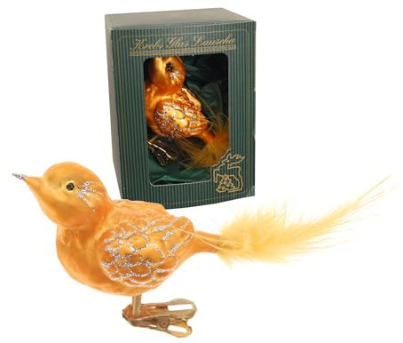 Krebs Glas Lauscha - Weihnachtsdekoration/Christbaumschmuck aus Glas - Vogel auf Clip mit Feder - Motiv: Spatz Eisgold - Größe: ca. 7 cm - Made in Germany
