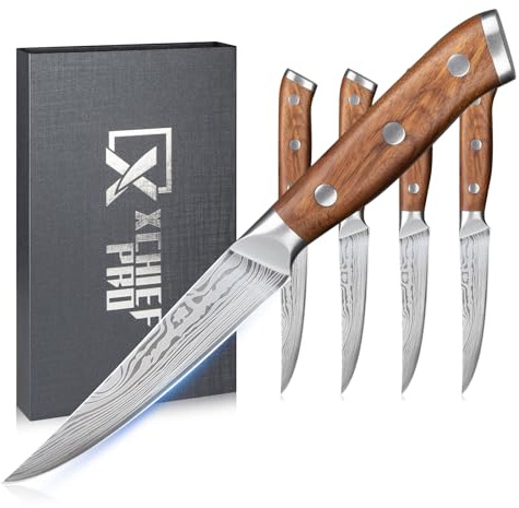 XCHIEF PRO Steak Knives Set of 4-4.5 Inch Damascus Pattern Ultra-Sharp High Carbon Stainless Steel Blade Fruit Knife, Professional Paring Knives Sets, Christmas Gifts with Gift Box