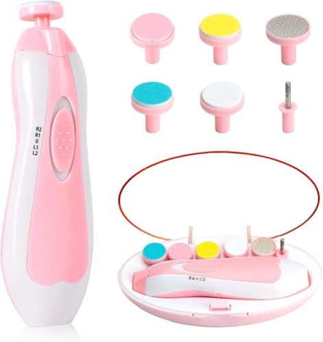 BritAces 8-in-1 Baby Electric Nail File - Safe Baby Nail Trimmer with LED Light & 6 Grinding Heads - Whisper Quiet Electric Baby Nail File for Newborns, Toddlers - Portable Nail Kit - Pink