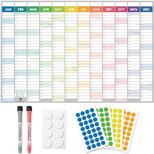 2026 Wall Planner Calendar UK Large A1 (87 x 58cm) Laminated & Erasable Yearly Wall Chart for Home, Classroom & Office Includes Dry Wipe Pens, Adhesive Pads & Coloured Sticker Dots by Planvia