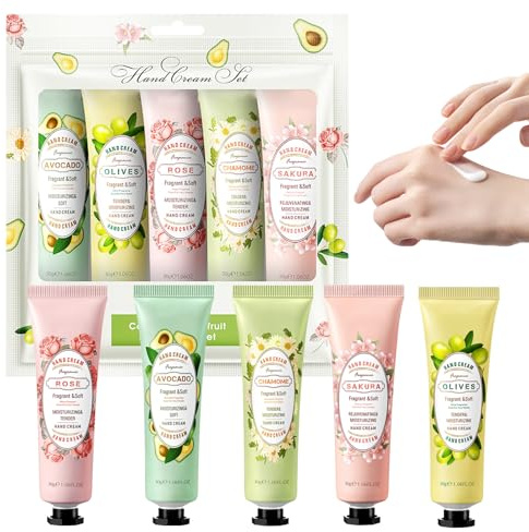 Set de Cremas de Manos, 5 x 30g Crema Hidratante y Reparadora, Mini Loción Nutritiva para Manos Secas y Agrietadas, Regalo Ideal para Mujeres y Amigos