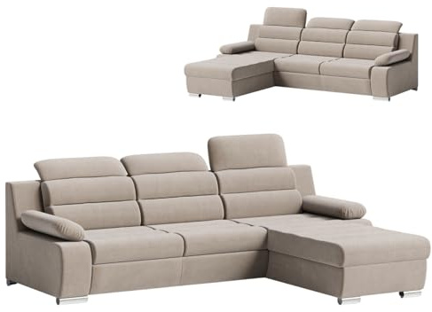Robin Inspire Divano Angolare Convertibile a Forma di L - Destra - Divano Letto - Contenitore Letto - Poggiatesta regolabili - Braccioli - Soggiorno moderno - Tessuto Castel - Beige Pavero