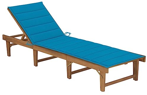 QZZCED Solid Acacia Wood Folding Sun Lounger with Blue Cushion, Adjustable Reclining Positions for Patio Balcony Garden, Weather-Resistant Outdoor Furniture
