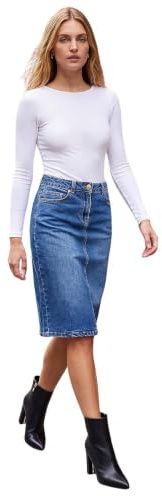 Roman Denim Skirt with Pockets for Women UK - Ladies Jean Skirts Cotton Stretch Mid Wash Fitted A Line Casual Smart Work Office Knee Length Flattering Slimming