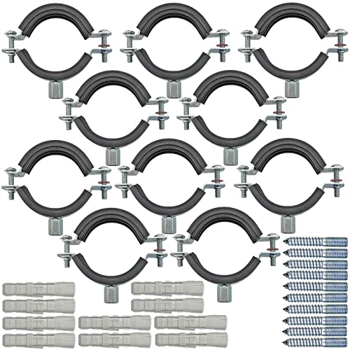10 Stück Set Rohrschellen aus Stahl verzinkt Spannbereich 107 bis 112 mm Rohr Außendurchmesser 4 Zoll mit Schallschutz Gummi Einlage + Dübel 10 mm + Stockschrauben M8 Halterung Befestigung