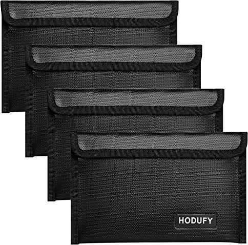 Hodufy Verbessert 4 Stück Feuerfeste Geldtasche (20.3x12.7cm), Kleine Feuerfeste Dokumente Tasche mit Klettverschluss Scelé,Wasserdichte Feuerfeste Brieftasche für Dokument,Bargeld，Bankkarte,Schmuck.