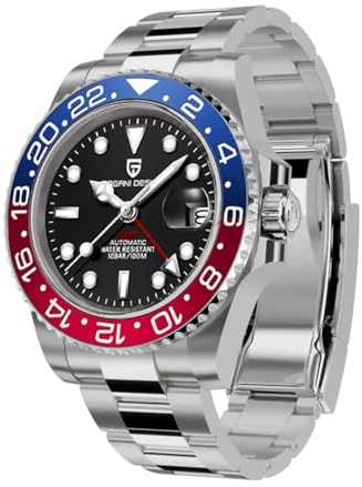 Pagani Design 1662 Herren Automatik GMT Mechanisch Edelstahl 40MM Uhr Saphirglas Wasserdicht Leuchtend Mode Business Herrenuhr(Blau Rot)