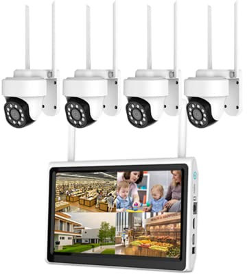 Sistema de cámara PTZ de 4CH con monitor, kit de cámara de circuito cerrado de televisión comercial, WIFI inalámbrico Seguridad H.265+ NVR Kit con audio bidireccional, seguimiento automático (3MP)