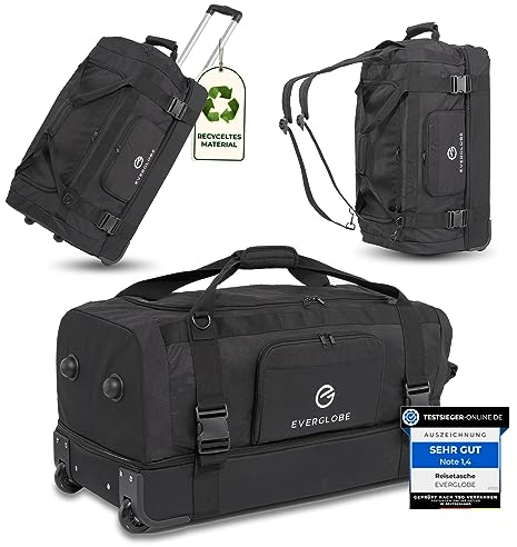 EVERGLOBE Reisetasche mit Rollen 90l Groß - 3in1 Tasche + Trolley + Rucksack | Reisekoffer mit Rollen Travel Bag Sporttasche Duffle Bag Koffer Urlaub Reise Outdoor Sport | Damen und Herren Schwarz