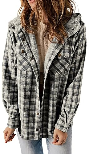 Dokotoo Fleece Jacket Women Plaid Shacket Button Down Flannel Shirt,Black