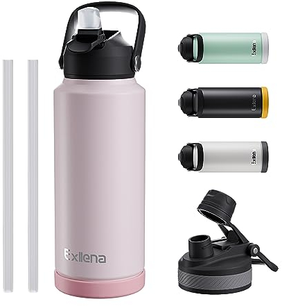 Exllena Edelstahl Trinkflasche, 1L Isolierte Wasserflasche mit Strohhalm, Thermosflasche mit 2 Deckeln für Sport, Fitness, Outdoor und Freizeit, Auslaufsicher und BPA Frei (Pink)