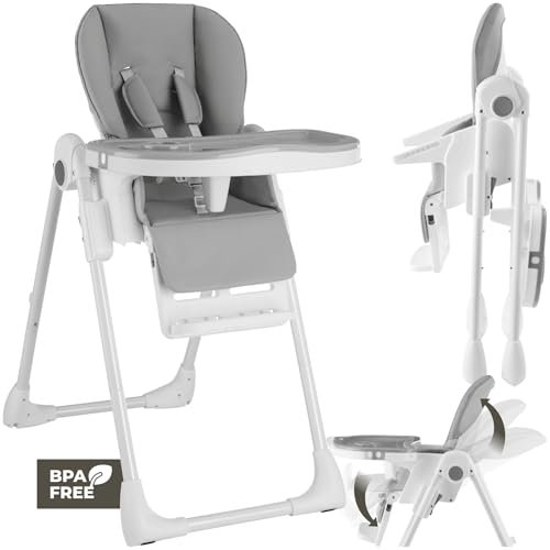 tectake® Trona para Bebé, Ajustable y Plegable, Funda Sintética Repelente al Agua, Arnés de Seguridad 5 Puntos, Respaldo Ajustable, Doble Bandeja Desmontable, Silla Alta Niños, Trona Bebé - Blanco