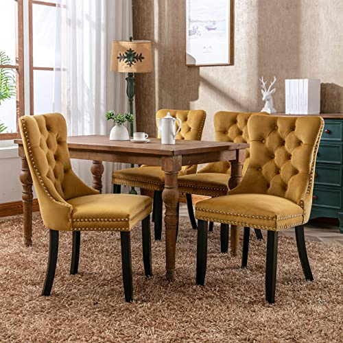 HomeTouch Luxury Velvet Kitchen Dining Chairs Set of 4 Upholstered Knocker Wing Back Chairs with Oak Wood Legs for Dining Room, Hand Made (4, Yellow)