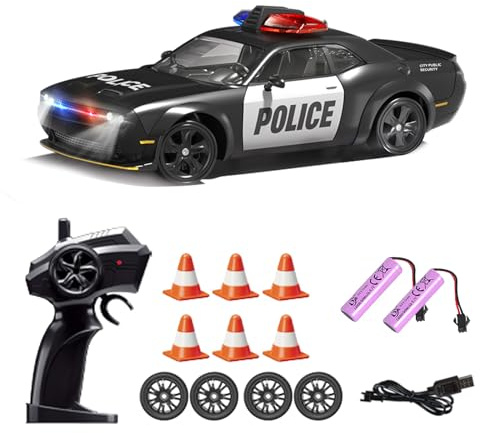 Aipinvip RC Drift Car 1:24 Police Car | 4WD High Speed Remote Control Toy with 2.4GHz Controller, 2 Rechargeable Batteries, LED Lights & Alarm (for Kids & Adults)