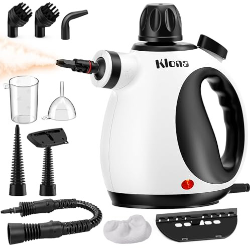 KLONA Pulitore a vapore manuale, pulitore a vapore per la casa, multiuso, con 10 accessori e serratura di sicurezza per tappeti, tende, divani, cucina