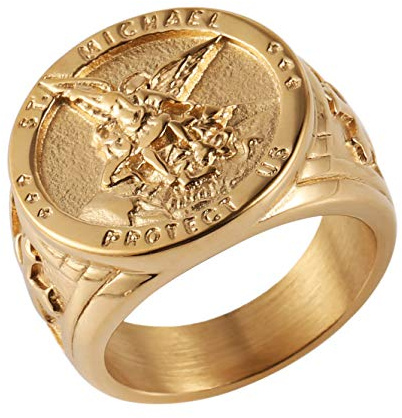 HZMAN St. Michael San Miguel The Great Protector Archangel Defeating Satan Figurine Stainless Steel Amulet Ring (Gold-A, 10)