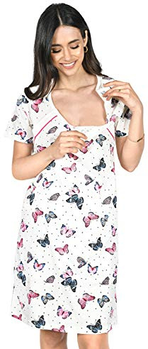 MijaCulture 2 en 1 Maternité/Allaitement/Coton Robe de Nuit 2074 (XXL, Blanc/Papillons)