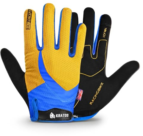 Kratos Cycling Gloves for Men and Women, Shock Absorbing Gel Padded Mountain Bike Gloves - Anti Slip & Breathable MTB Gloves with Adjustable Hook and Loop Fastening (Yellow (Full Finger), XL)