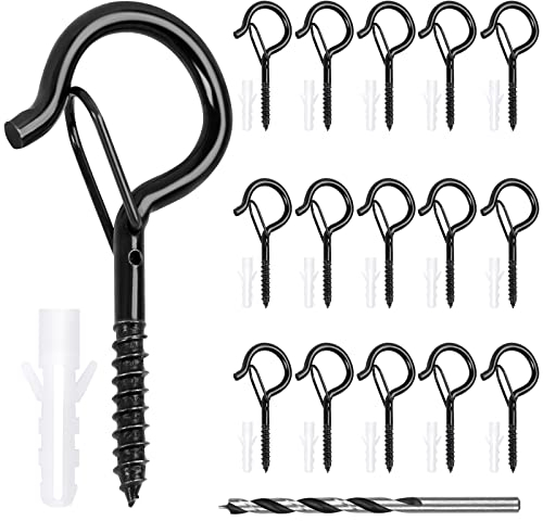 Svalor Screw Hooks, 16 pcs Black Cup Hooks with Safe Buckle, Hooks for Outdoor Lights with Drill Bit, Screw in Hooks for Wood, Ceiling Hooks for Plants Bird Feeder Wind Chime and Decor Hanging