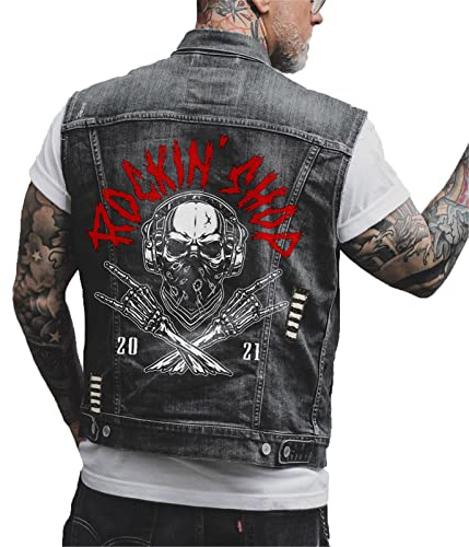 Men's Skull Punk Denim Vest Motorcycle Racing Vest Fashion Letter Printed Lapel Sleeveless Denim Jacket