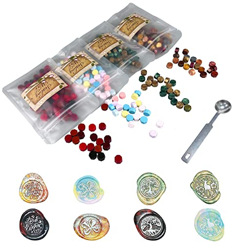 Siegelwachs perlen 170g/400Stück, siegellack， Stamp Wax for Sealing and Decorating Letters, 4 Packungen Wachsperlen in einzigartigen Farben und 1 Schmelzlöffel