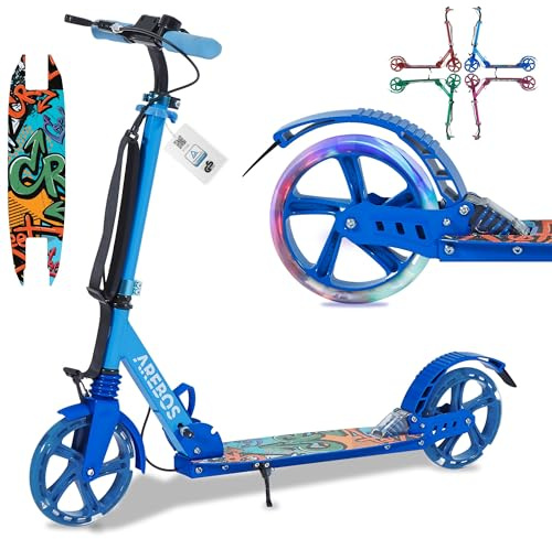 Arebos city scooter kick scooter height-adjustable | foldable | incl. carrying strap | LED wheels | hand pedal brake | front-rear suspension | children & adults | 100kg load capacity | Blue