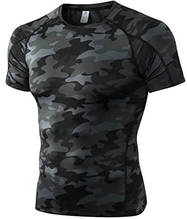Yishengwan Maglia Compressione da Uomo Maniche Corte Maglietta Sportiva Asciugatura Rapida Traspirante T-Shirt Running per Corsa Palestra Nero Mimetico S