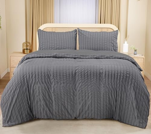 Utopia Bedding Seersucker Bettwäsche 200x200 Set - Mikrofaser Polyester Bettbezug 200x200 cm + 2 Kissenbezüge 50x75 cm - Grau