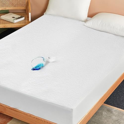 SKY BEDDINGS Queen Size Waterproof Mattress Protector - Premium Terry Mattress Cover, Ultra Soft, Breathable, Noiseless Bed Cover, Fitted Sheet with Stretchable Deep Pockets Upto 15 - White