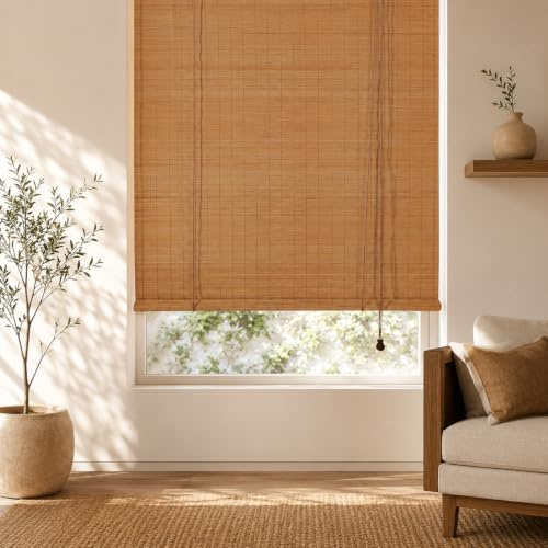 FoundGo Bamboo Blinds No drilling, Width x Height 120x160cm Retro Wooden Blinds Roman Bamboo Roll Up Curtain Light Filtering Shades for Windows, Indoor