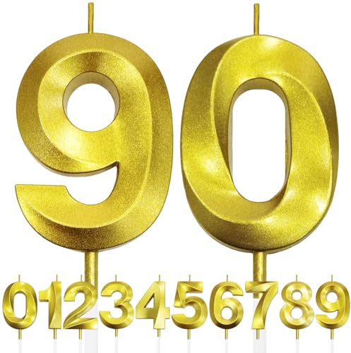 90th Geburtstagskerze, 3D Design Gold Glitter Nummer Kerzen, Cake Topper Dekorationen, Kuchen Kerze für Geburtstagsparty, Hochzeitstag, Baby-Dusche, Party-Dekoration