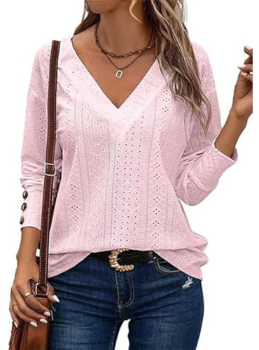 SHEKINI Tops pour Femme Hauts à Col en V Et à Manches Longues Chemisier Brodé Top avec Découpe en Dentelle Élégant et Décontracté
