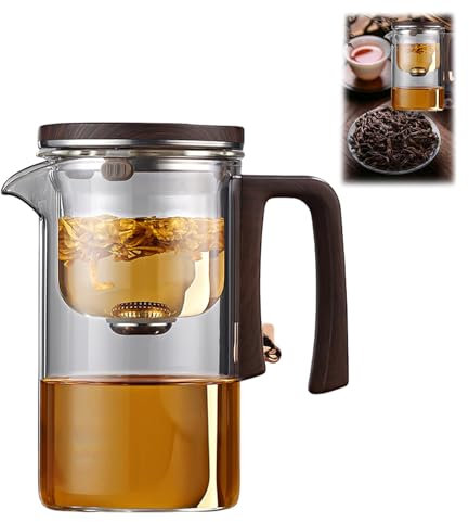 Enchantipot Tetera de cristal con infusor, mágica separación de agua, mango de madera, vidrio de borosilicato resistente al calor, con colador (700 ml, transparente)