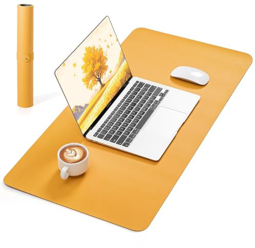 NOSTHEART Leder-Schreibtischunterlage, Rutschfeste Büromatte, Wasserdichter Schreibtischschutz, Litchi- und Stoffstruktur, 60x33.5cm große Mausunterlage für Schreiben, Laptop & Büro (Dunkelgrau/Gelb)