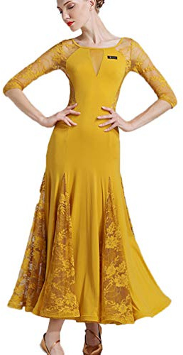 YDHTIZ Abito da Ballo per Donne, Liscio, Valzer, Tango, Ottimo per Swing, Festa di Diploma, Abito da Ballo per Feste, Giallo, M