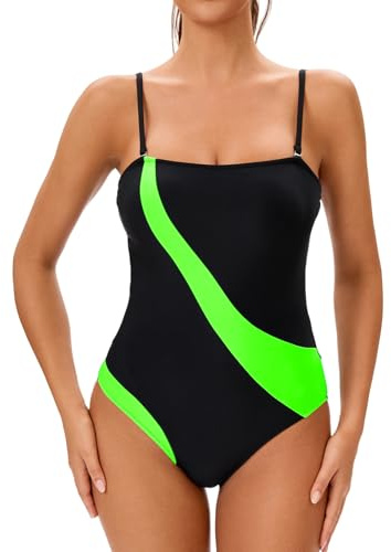 meioro Baddräkt för kvinnor, mage, badmode push up baddräkter med avtagbara och förformade mjuka kupor, tankini sexig baddräkt i ett stycke för sport, Svart och grön, XL