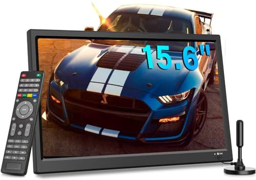 KCR Portable Digital TV, 12V DVB-T2 TV, HDMI/AV/USB Inputs, Remote Control, 12V Car Charger Compatible,15.6inch,Black