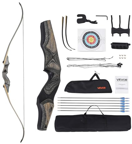 VEVOR Recurvebogen & Pfeile Set (1524 mm) Takedown-Bögen aus Holz, Rechtshänder ergonomisches Recurvebogen-Paket, Langbogen für Zieltraining im Freien, Anfänger bis Fortgeschrittene, 20,41 kg