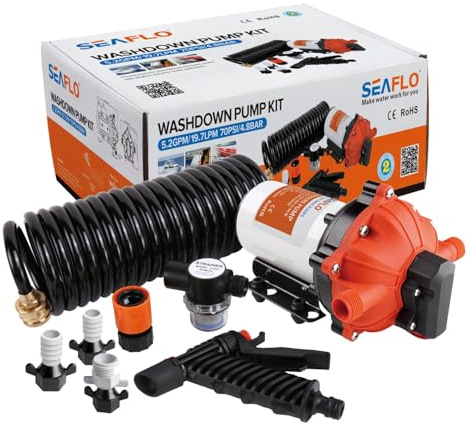LIGHTEU, Seaflo 51-serie tvättpump-set – 24 V DC, 5,2 GPM, 70 PSI med 6,5 m spiralslang för husvagn, båt SFWP2-052-070-51A