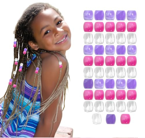 Auroriel 48 Stück Haarperlen Pink Lila Transparent aus Kunststoff für Zöpfe Dreadlocks Boho Frisur mit Einfädelhilfe, DIY Haaraccessoires und Boho Schmuck, Geschenk für Frauen & Mädchen