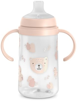 Suavinex, Vaso Aprendizaje Bebé con Boquilla de Silicona y Asas, Biberón con Sistema Anticólico, Tapa Protectora, Vaso Antiderrame, 270 ml, para Bébés +6 Meses, Apto Lavavajillas, Wild&Free Rosa