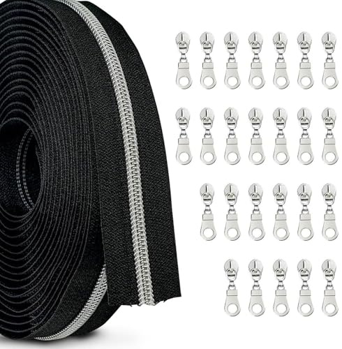 LUBEWISE Oändlig dragkedja med dragkedja, #5 ändlös dragkedja, 10 m med 30 stycken dragkedjor, vit dragkedja för sömnad, väskor, kläder, hantverk, sängkläder (svart)