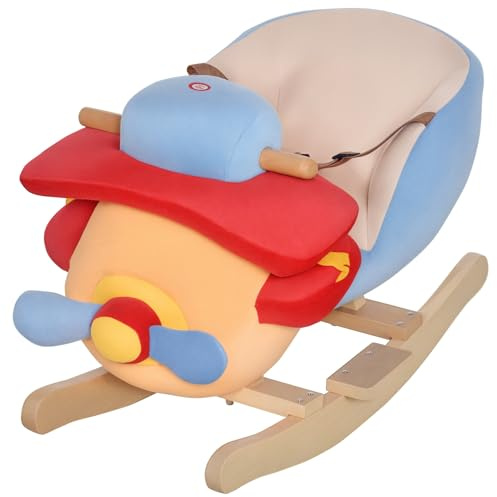 HOMCOM Cavallo a Dondolo a Forma di Aeroplano per Bambini di Età Superiore a 18 Mesi, Cacalluccio a Dondolo con Musica Incorporata in Legno Alamo, Max:60kg 60x33x45cm