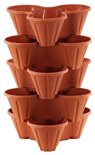 GEEZY Set of 5 Stackable Strawberry Planter – Terracotta Brown, Tiered Planters for Outdoor Vertical Gardening, Space-Saving Durable Pots for Gardens, Patios, Balconies – Ideal for Herbs & Plants