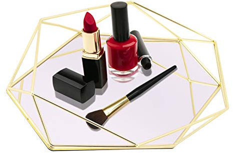 Organizzatori di vassoi cosmetici, vassoio per trucco con specchio in vetro poligonale, vassoio decorativo in metallo per vanità, comò, bagno, camera da letto (Oro)