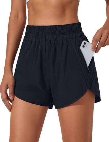 BMJL Short de Course à Pied élastique Taille Haute avec Poches, Short athlétique à séchage Rapide pour Femme, Bleu foncé, Taille M