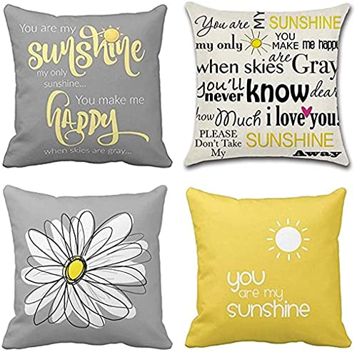 ZHILING Set mit 4 Kissenbezug 50 x 50 cm Gelb und Grau Weiß Modern Daisy You Are My Sunshine Words Dekorative Outdoor-Kissenbezüge Wohnkultur Quadratische Kissenhülle 20 x 20 Zoll