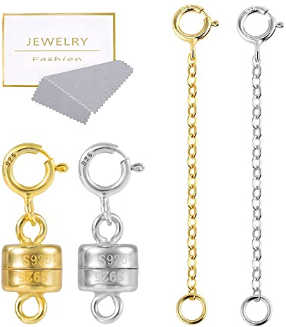 KISSPAT 2 Paar Magnetverschluss und Kettenverlängerung Set, 925 Sterling Silber Magnetverschluss, Magnetverschluss Kette, für Halskette Armband Schmuck, Gold und Silber