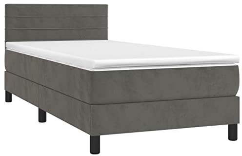 vidaXL Boxspringbett mit Matratze LED Polsterbett Bett Einzelbett Bettrahmen Bettgestell Lattenrost Schlafzimmerbett Hotelbett Dunkelgrau 90x200cm Samt